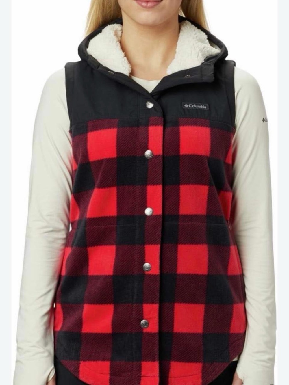 Columbia Red and Black Buffalo Plaid Sherpa-Lined Hooded Vest